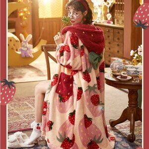 Strawberry Mochi Plush Robe | Women Sleep Pajama Night Robe Fleece Dress PJ
